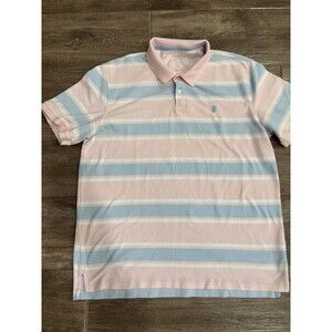 Izod Men’s Short Sleeve Polo Size L/XL Pink & Sky Blue Stripes Easter Spring EUC